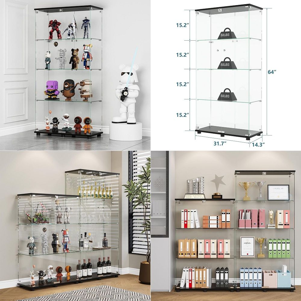 Glass Cabinet Display - 4 Raflı Çift Kapılı ve Kilitli